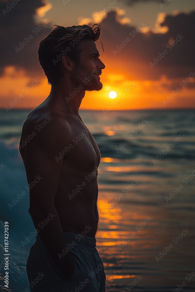 Fototapeta premium A person stands in the ocean as the sun sets in the background