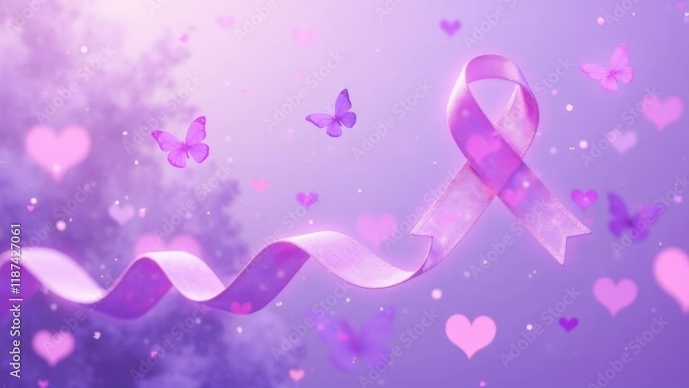 World cancer day February 4 background with A purple ribbon with butterflies and hearts surrounding it. The ribbon is meant to represent breast cancer awareness World cancer day February 4 background with A purple ribbon with butterflies and hearts surrounding it. The ribbon is meant to represent breast cancer awareness
