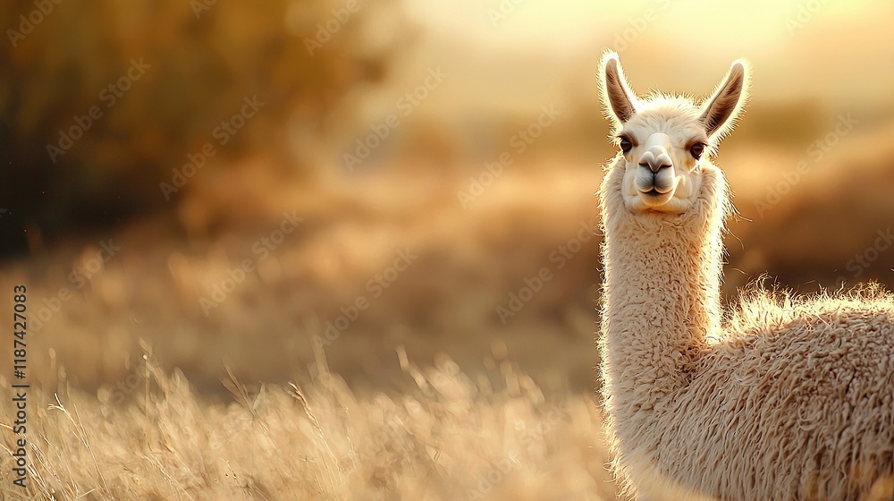 A llama in a grassy field bathed in sunlight through tree backgrounds A llama in a grassy field bathed in sunlight through tree backgrounds