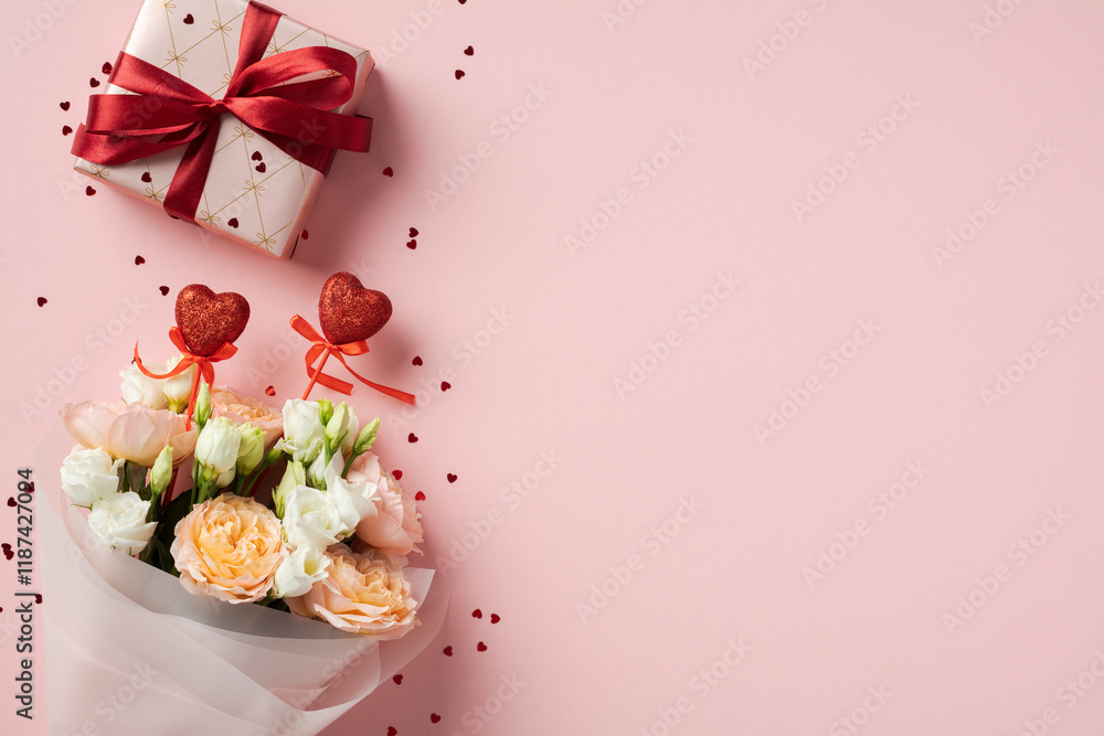 Gift box with red ribbon and bouquet of flowers with heart decorations on pink background. Perfect for Valentine's Day, anniversaries, or romantic celebrations Gift box with red ribbon and bouquet of flowers with heart decorations on pink background. Perfect for Valentine's Day, anniversaries, or romantic celebrations