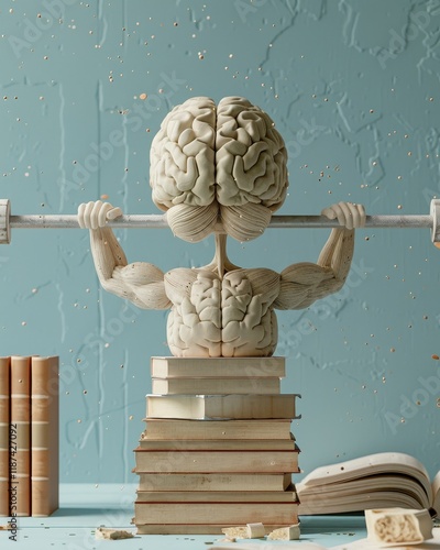 Contemporary art collage of a brain lifting weights surrounded by books on a blue canvas