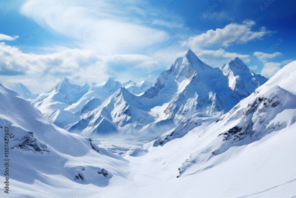 Obraz premium Snow-covered mountain range under a clear blue sky with fluffy clouds and sunlight illuminating the peaks