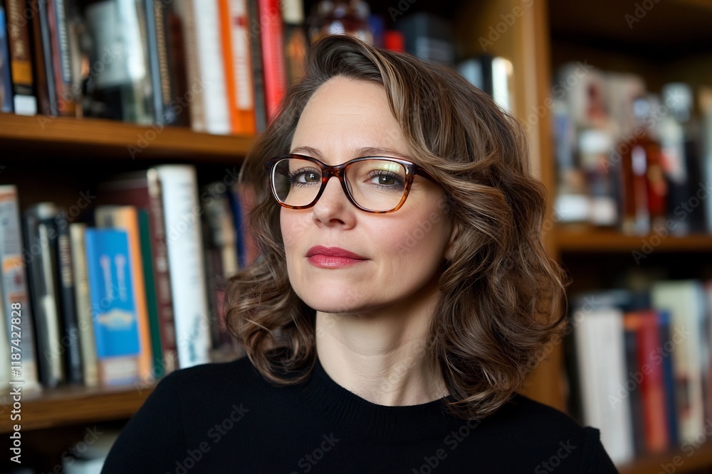 Confident Woman with Glasses in a Library Setting Confident Woman with Glasses in a Library Setting