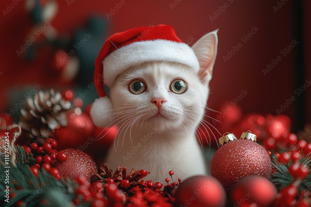 A festive white cat is dressed in a Santa hat, surrounded by Christmas decorations A festive white cat is dressed in a Santa hat, surrounded by Christmas decorations