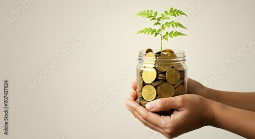 Hands holding a jar filled with coins and a growing plant, symbolizing charity growth and financial support.