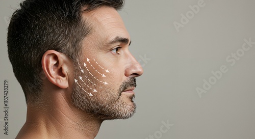 Profile of a man with arrows on his face symbolizing skin tightening.