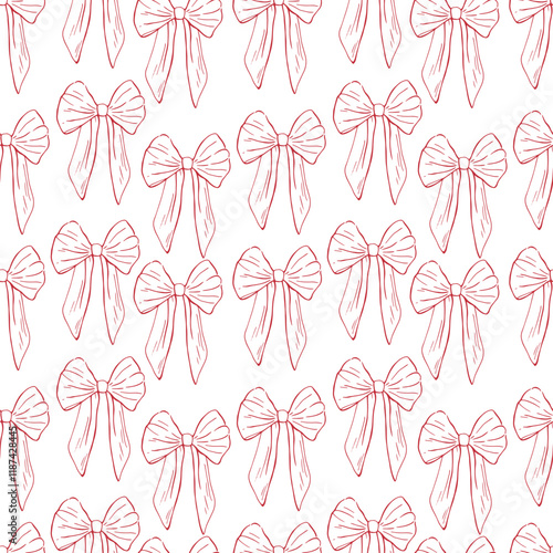 Cherry bow whimsical doodle. Hand drawn seamless rococo pattern