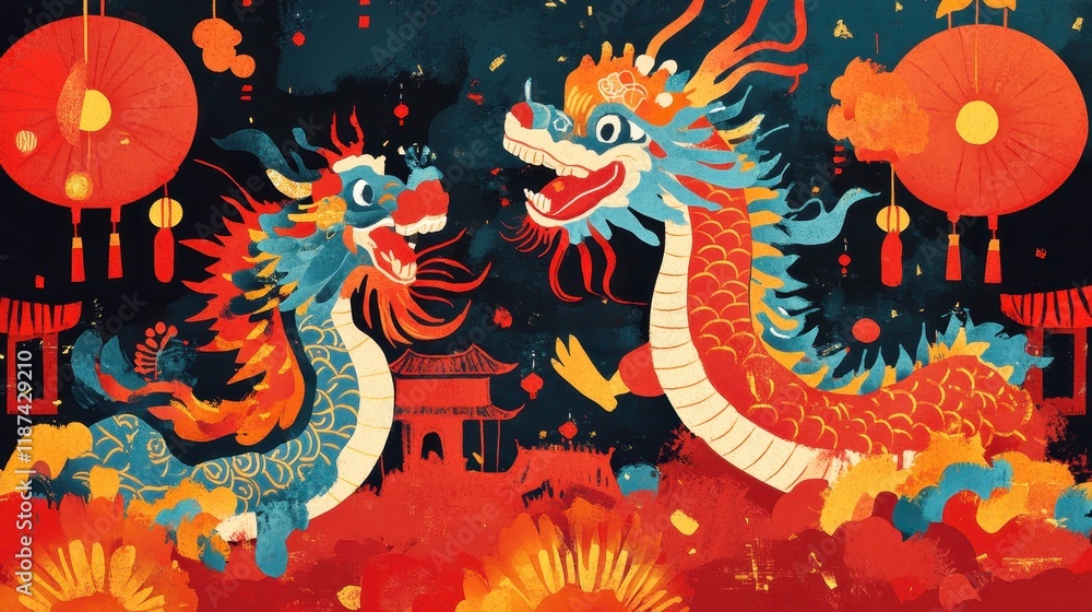 Two Vibrant Dragons Dance Amidst Festive Lanterns Two Vibrant Dragons Dance Amidst Festive Lanterns