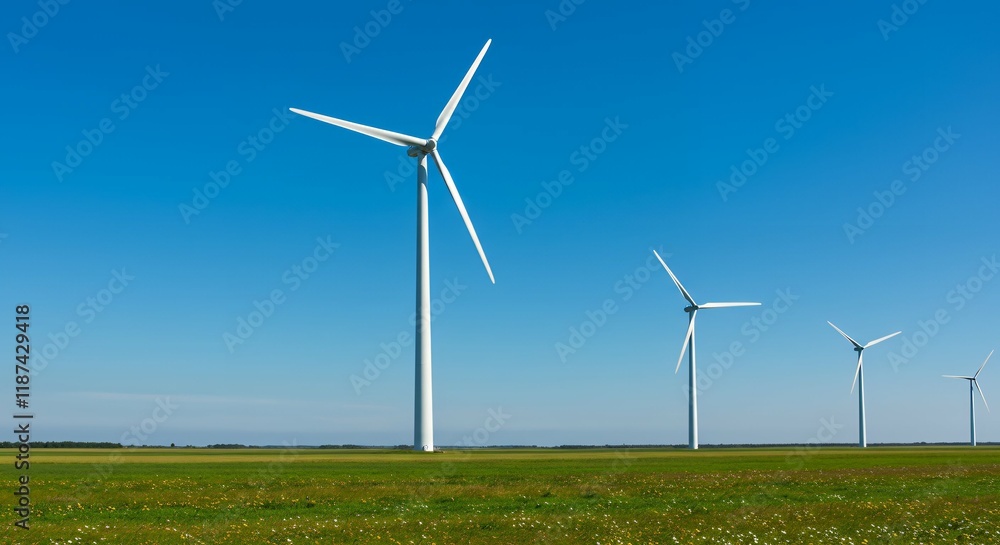 Wind turbine majestically standing in the green fields under a clear blue sky, exemplifying the harnessing of renewable energy resources in harmony with the natural environment. Wind turbine majestically standing in the green fields under a clear blue sky, exemplifying the harnessing of renewable energy resources in harmony with the natural environment.
