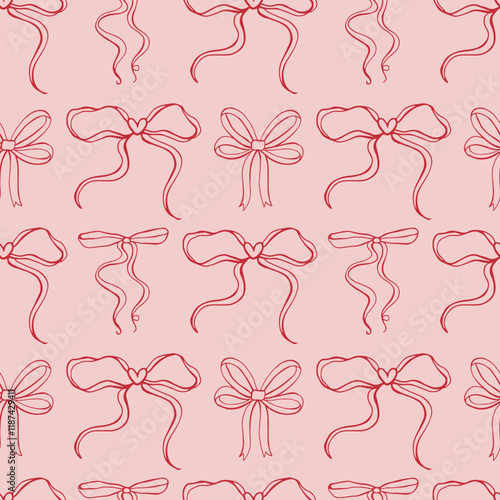 Cherry bow whimsical doodle. Hand drawn seamless rococo pattern