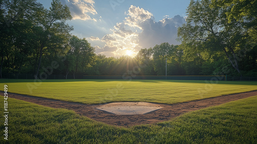 A baseball diamond with the home plate in the foreground, lush green grass in the background, early evening light casting long shadows for a serene atmosphere
