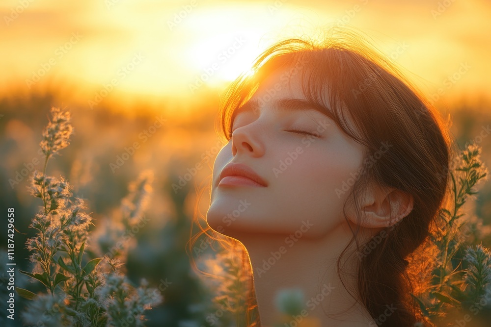 A woman lying down with her eyes closed surrounded by a field of flowers, suitable for relaxation or peaceful moments A woman lying down with her eyes closed surrounded by a field of flowers, suitable for relaxation or peaceful moments