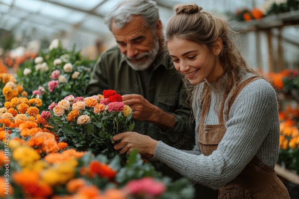 A couple admiring flowers in a controlled environment A couple admiring flowers in a controlled environment