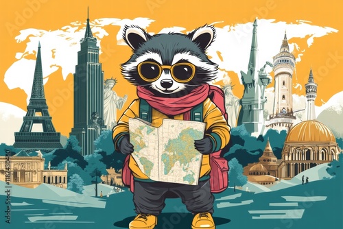 Raccoon explorer with a map and backpack visits famous world landmarks in a vibrant travel adventure. Generative AI photo