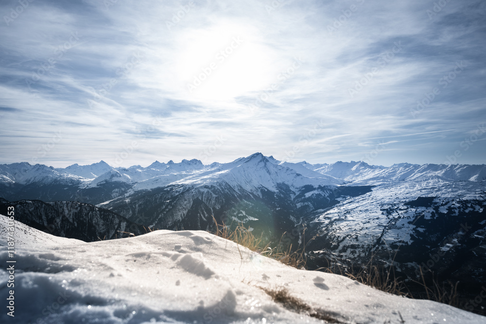 Fototapeta premium Winter landscape in sunny Swiss mountains, January