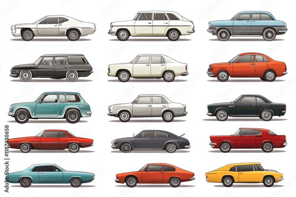 A collection of colorful cars on a white background, great for advertising or promotional purposes A collection of colorful cars on a white background, great for advertising or promotional purposes