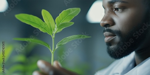 A person intently observing a green plant in a laboratory environment, highlighting the connection between nature and scientific exploration in pursuit of understanding and innovation. photo