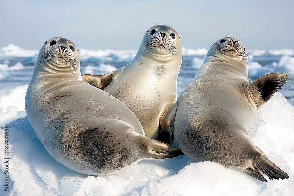 Fototapeta premium A group of harp seals basking on sea ice, their silver-gray coats blending with the surroundings. 
