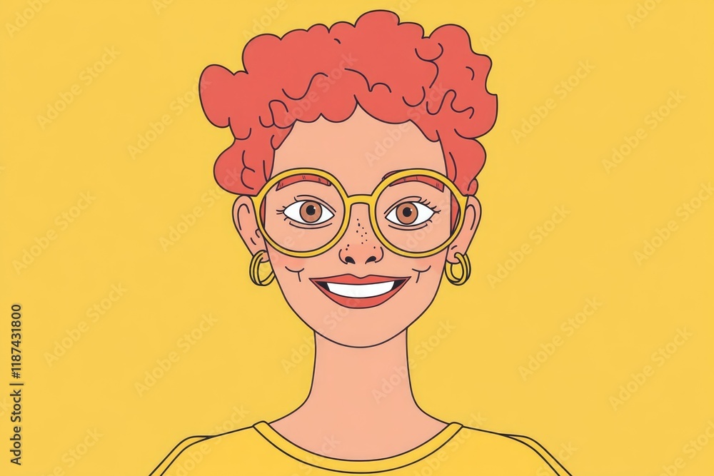 A woman with bright red hair, wearing glasses and a yellow shirt A woman with bright red hair, wearing glasses and a yellow shirt