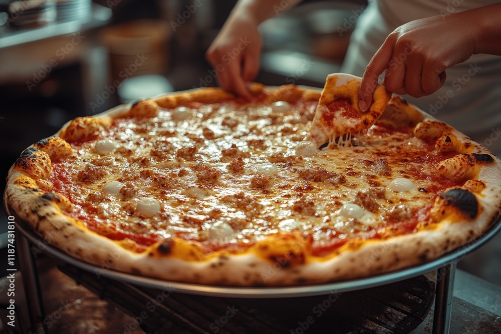 A close-up of a person cutting a pizza with a knife A close-up of a person cutting a pizza with a knife
