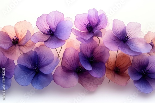 A close-up shot of a group of purple flowers on a white background, ideal for use in still life or product photography photo