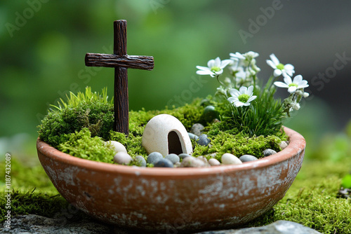 eligious Easter scene painted eggs Easter bread foreground,cross and a church in the background. sacred spiritual ambiance, celebrating resurrection faith traditions. photo