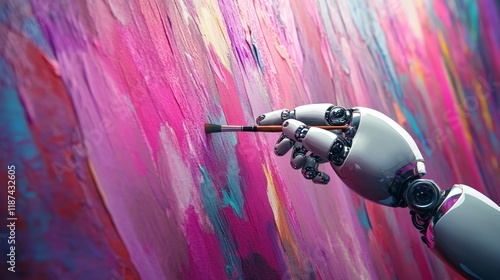 A robotic hand wielding a paintbrush to paint a picture, a robot finger grasping the brush, engaging in artwork, stock image photo