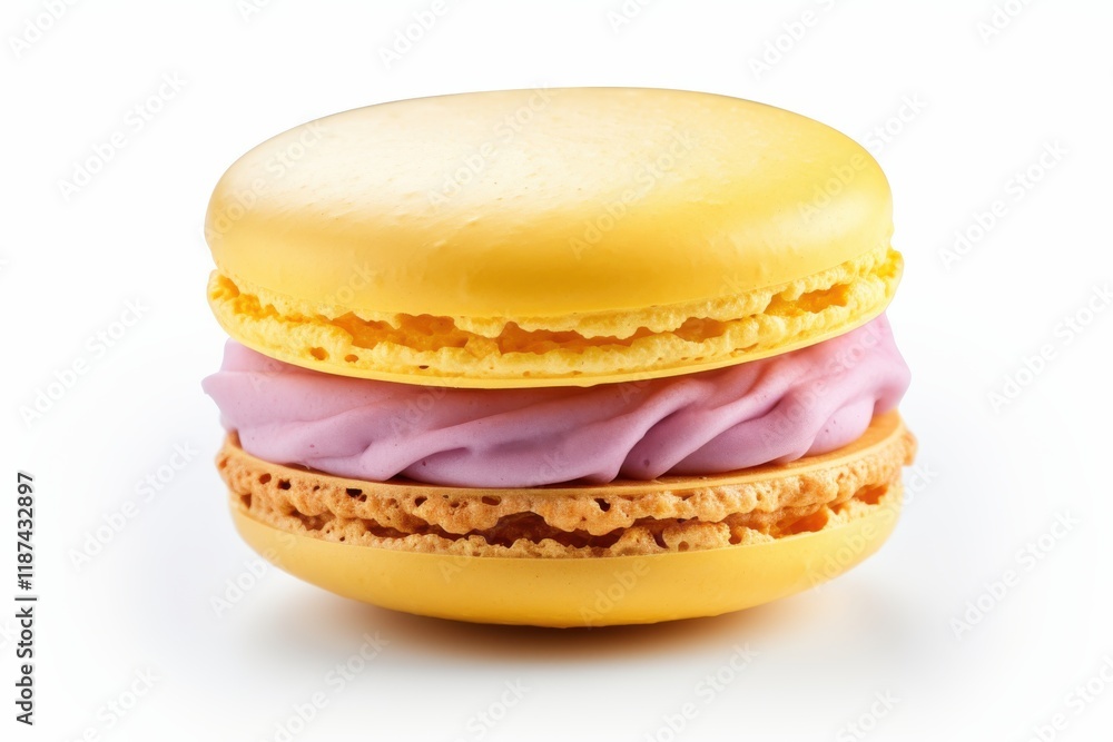 Delicious yellow macaron with lavender filling served on a white background during a dessert showcase Delicious yellow macaron with lavender filling served on a white background during a dessert showcase