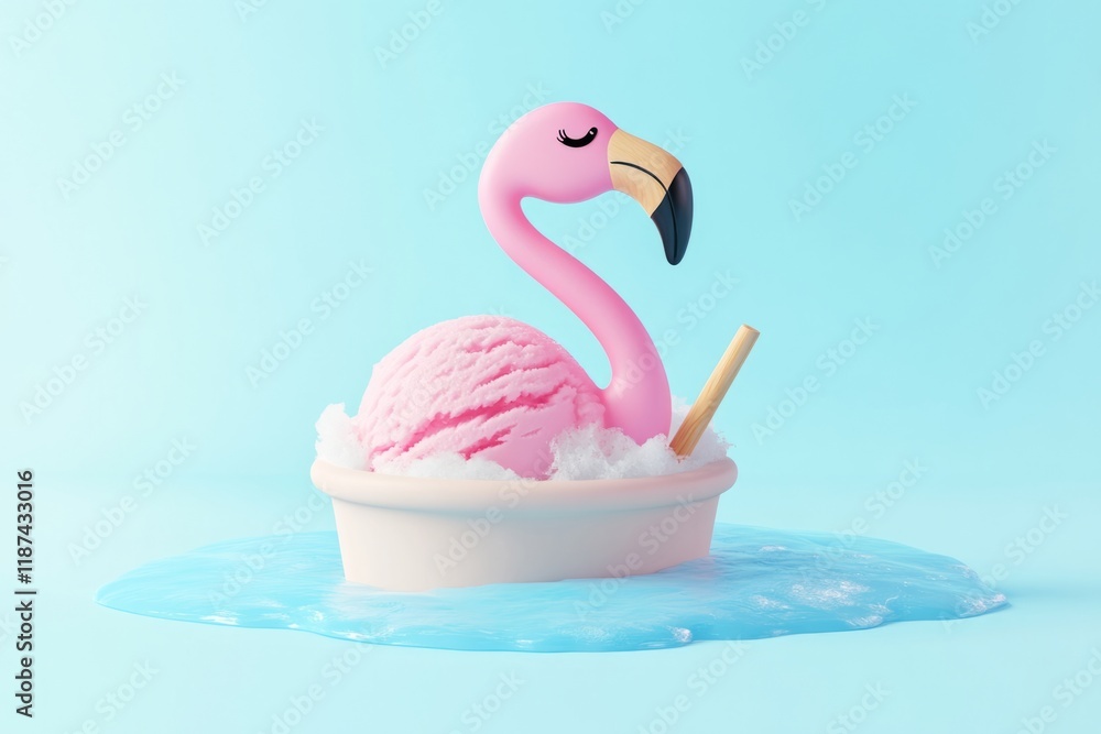 Fototapeta premium Creative composition of flamingo and white ice cream in pastel colors, ideal for summer themed designs, advertising or social media with plenty of copy space.