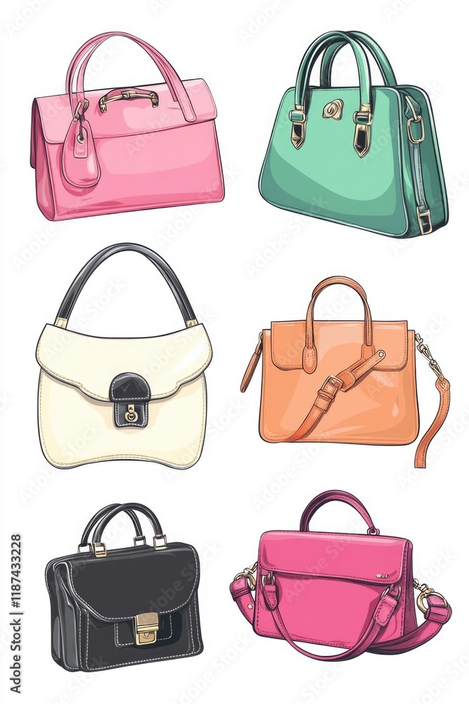 A collection of colorful handbags arranged on a plain white surface A collection of colorful handbags arranged on a plain white surface