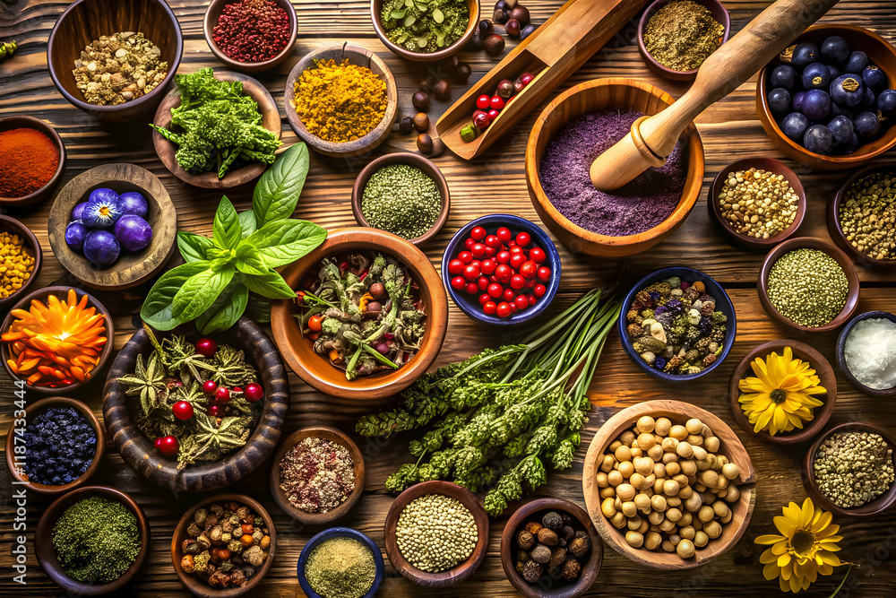 Fototapeta premium A colorful assortment of spices, herbs, and natural ingredients displayed on a wooden surface for culinary use