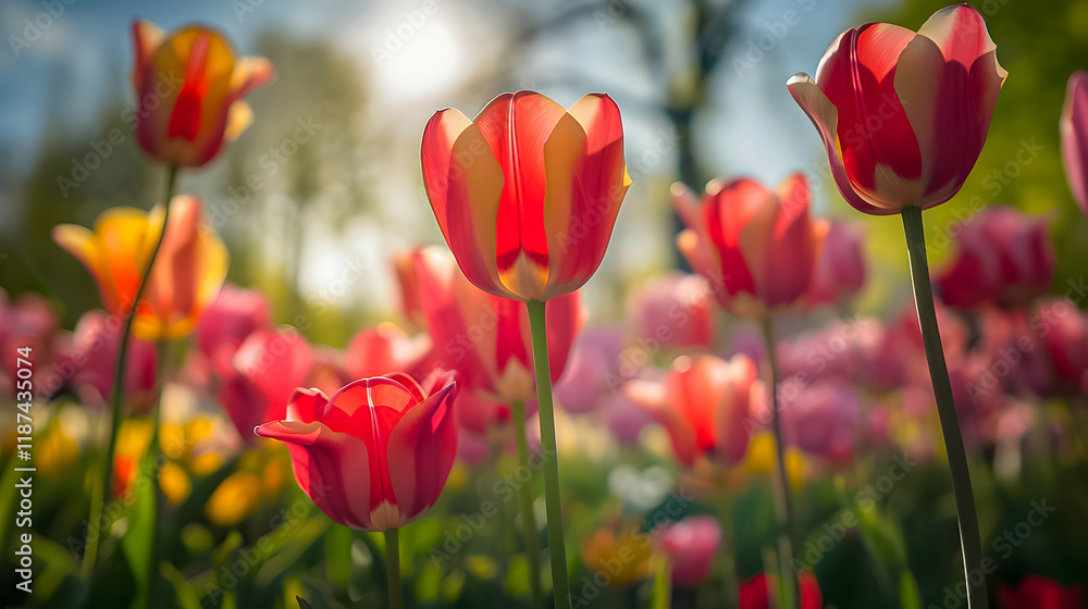 Obraz premium Vibrant tulip garden basking in sunlight during springtime in a serene outdoor setting
