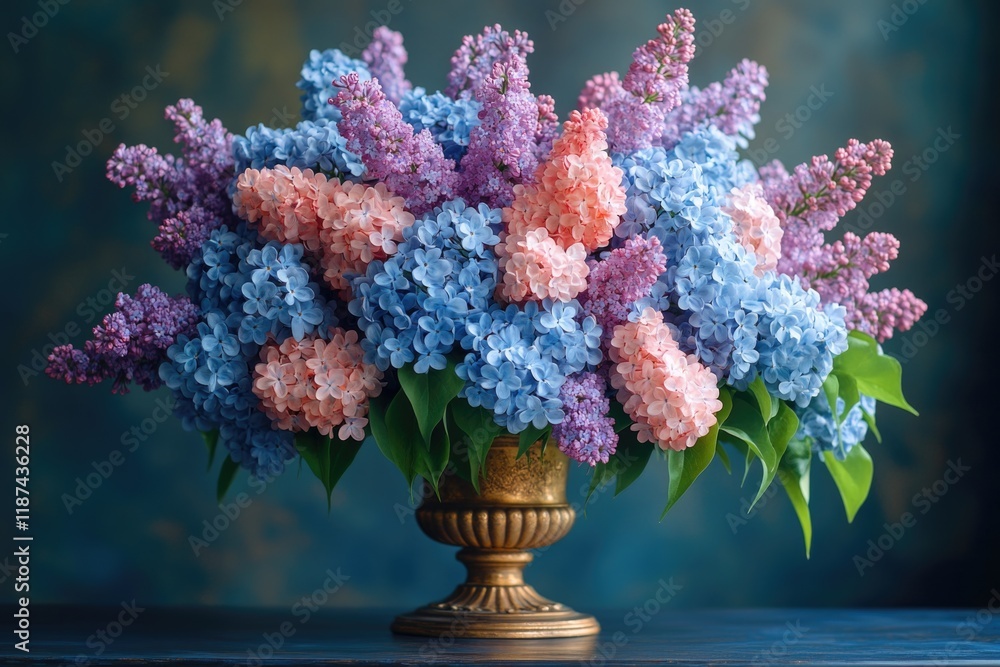 A decorative vase filled with a variety of purple and blue flowers, perfect for home decor or gift giving A decorative vase filled with a variety of purple and blue flowers, perfect for home decor or gift giving