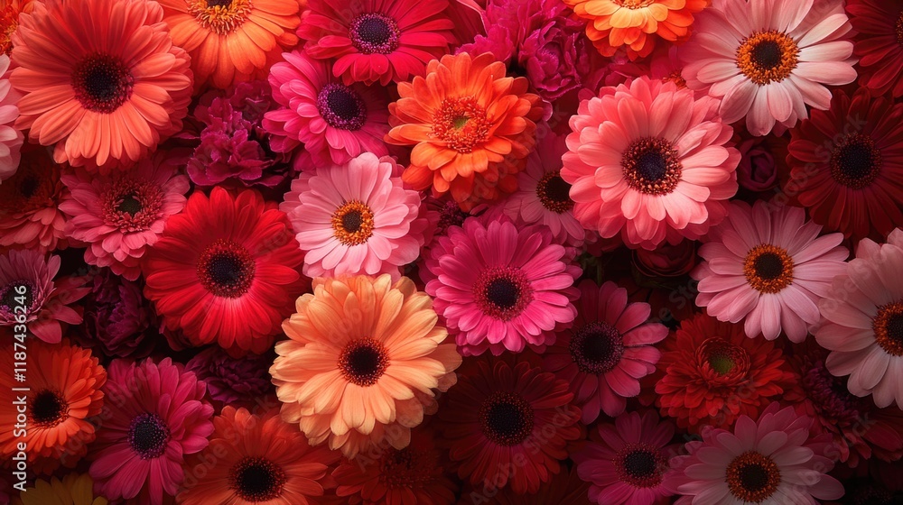 A detailed view of colorful flowers arranged together in a compact shape A detailed view of colorful flowers arranged together in a compact shape
