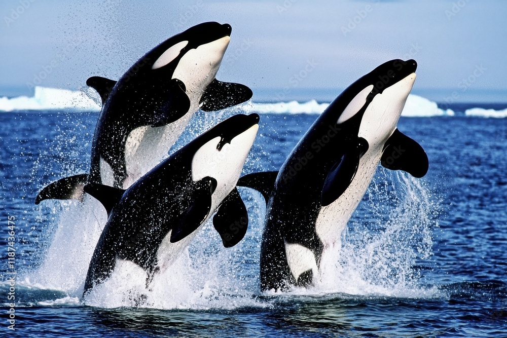 Fototapeta premium A group of orcas breaching in the icy waters off the coast of Antarctica.