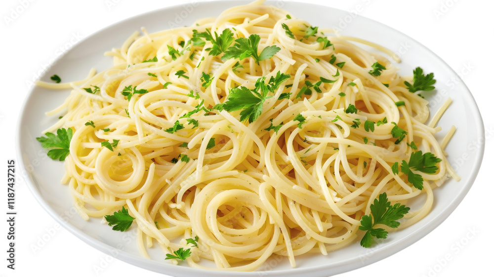 A plate of cooked pasta garnished with fresh herbs viewed from the top on a white background A plate of cooked pasta garnished with fresh herbs viewed from the top on a white background