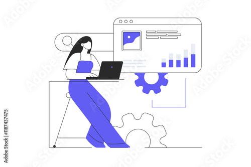 Seo optimization concept design. Woman adjusts site metrics, analyzes keywords and optimizes data settings. Flat Cartoon Vector Illustration, icon. Stylish abstract