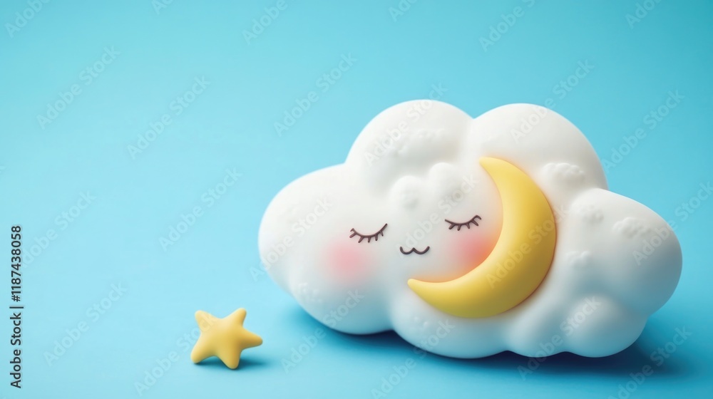 A serene cloud with a sleeping moon and a single star on a blue background, suitable for use in peaceful or calming compositions A serene cloud with a sleeping moon and a single star on a blue background, suitable for use in peaceful or calming compositions