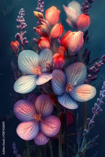 A detailed view of various blooming flowers