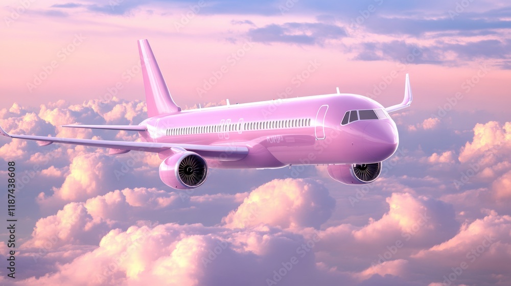 A small pink airplane soaring through a cloudy blue sky, possibly used for illustration or design purposes