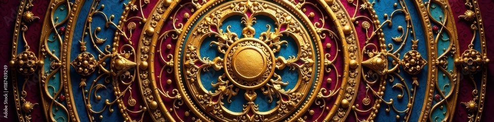 Golden Aum within ornate mandala, circular frame , print, texture Golden Aum within ornate mandala, circular frame , print, texture