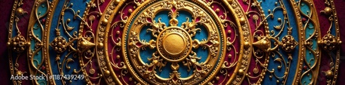 Golden Aum within ornate mandala, circular frame , print, texture