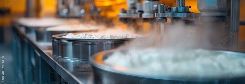 In a modern production facility, industrial machinery breaks down liquids, producing a creamy mixture and releasing steam. In a modern production facility, industrial machinery breaks down liquids, producing a creamy mixture and releasing steam.