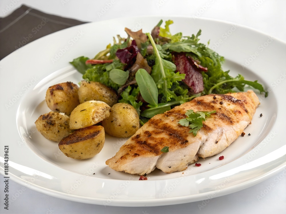 Grilled chicken breast served with roasted potatoes and fresh salad on a white plate at a restaurant setting