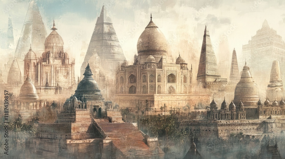 Fototapeta premium Ancient city, many domes, pyramids, hazy atmosphere.
