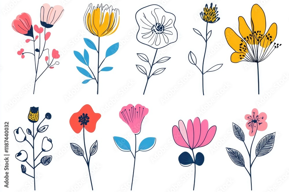 A mix of colorful flowers on a clean white surface A mix of colorful flowers on a clean white surface