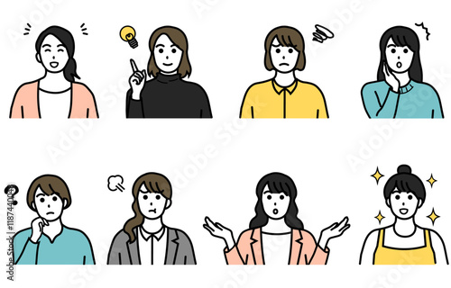 女性のさまざまな表情　アイコンイラストセット