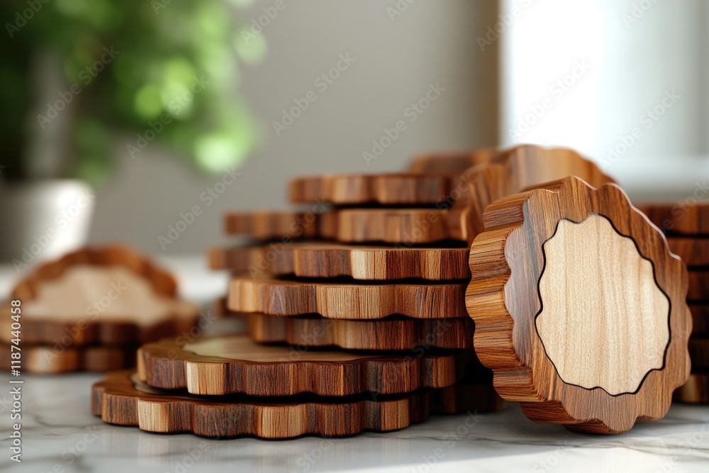 A pile of wooden coasters on a table, great for rustic or outdoorsy themed projects A pile of wooden coasters on a table, great for rustic or outdoorsy themed projects