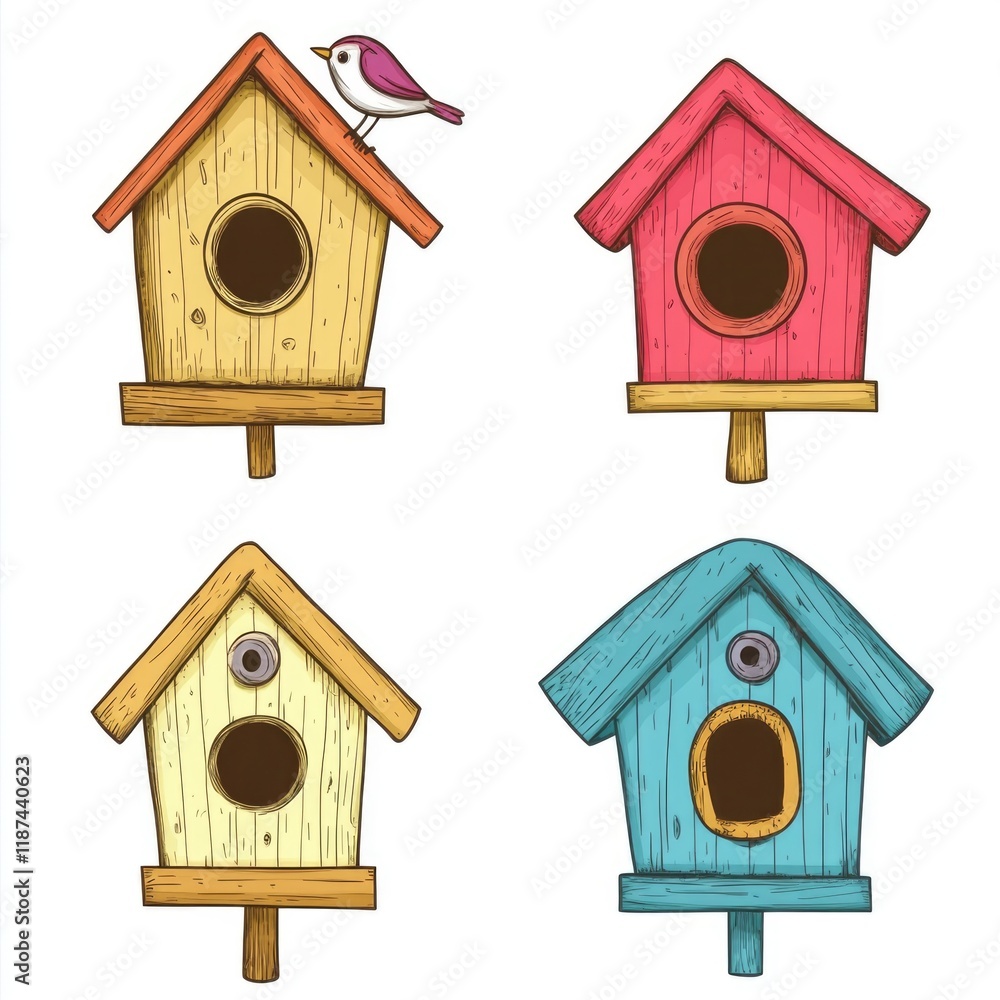 Birds perched on top of colorful birdhouses Birds perched on top of colorful birdhouses