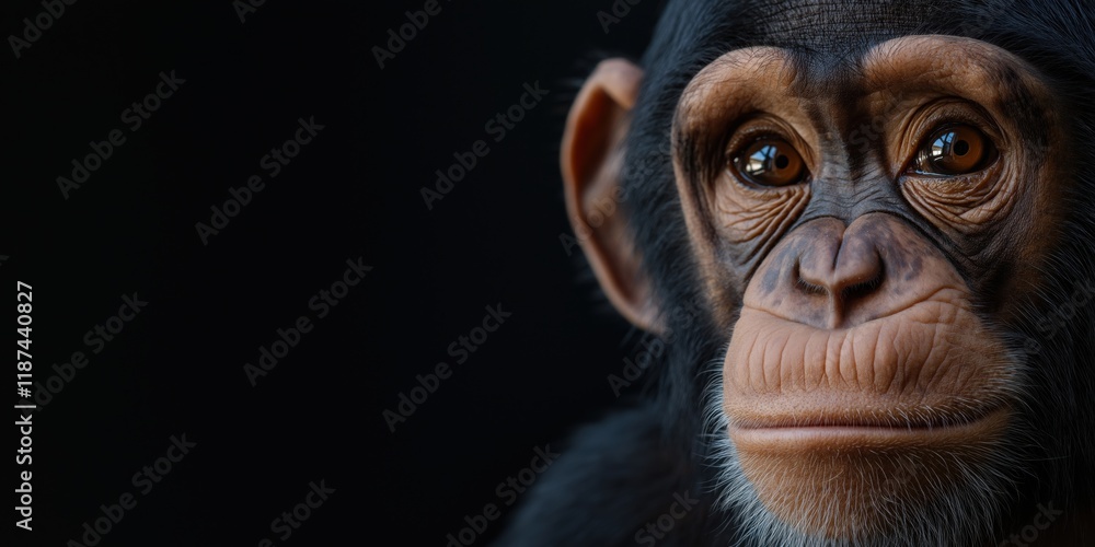 A captivating close-up of a chimpanzee, showcasing its expressive eyes and unique features, inviting viewers to connect with the emotions and intelligence of this primate. A captivating close-up of a chimpanzee, showcasing its expressive eyes and unique features, inviting viewers to connect with the emotions and intelligence of this primate.